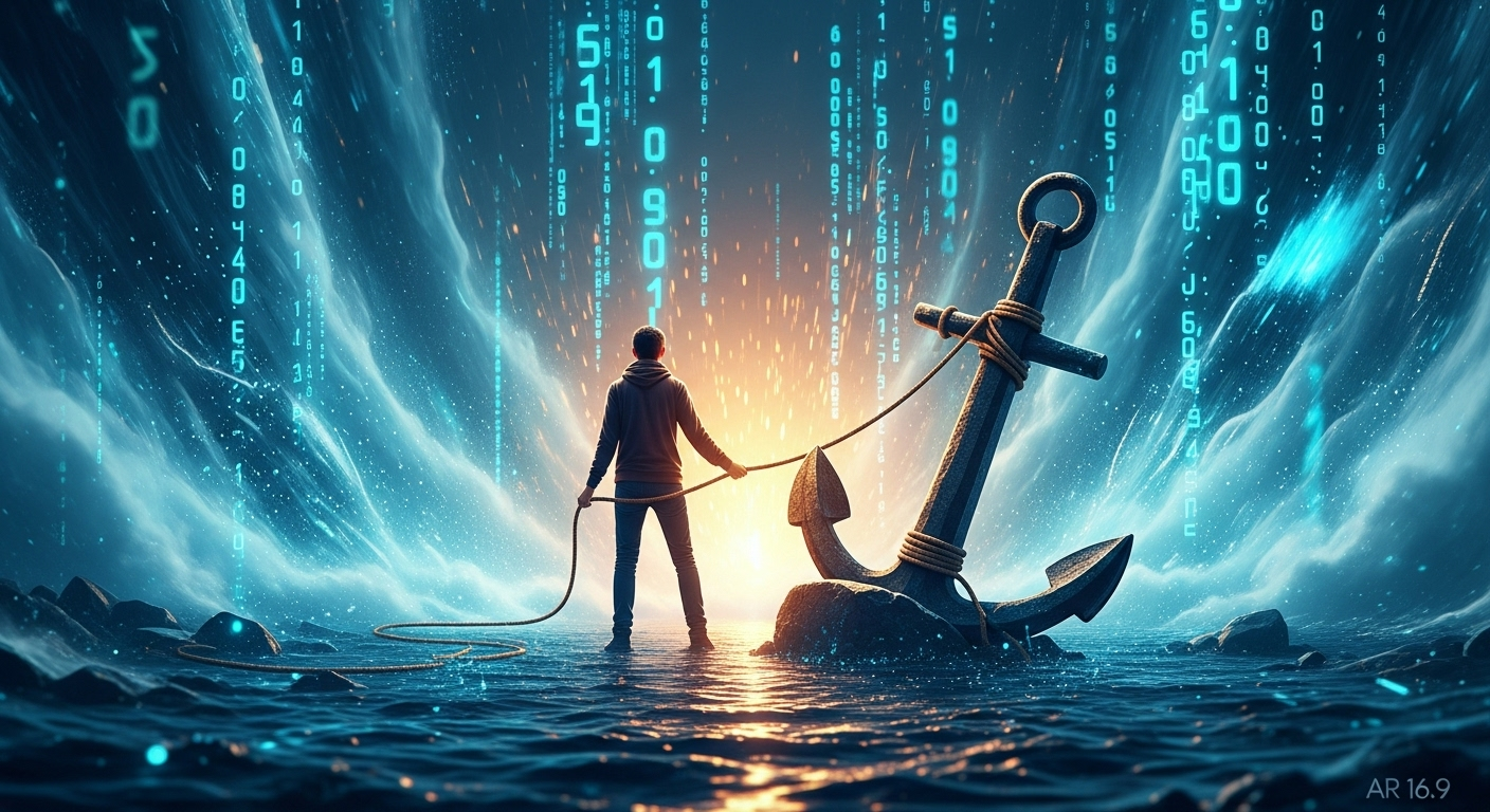 一个孤独的人站在汹涌的数字洪流中，紧握着扎根于现实土地的石锚，象征着在AI时代中寻找现实的立足点。