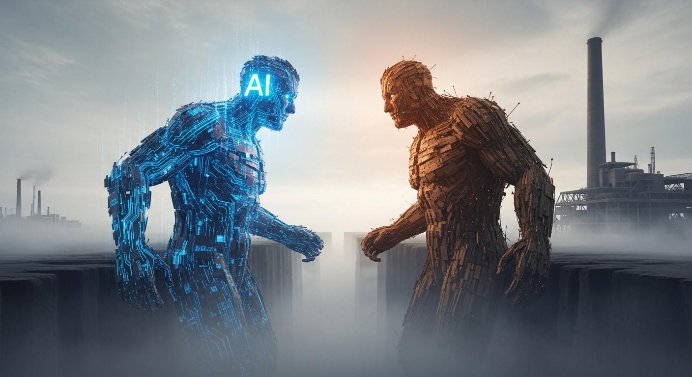 由电路构成的AI巨人与由岩石构成的传统行业巨人隔着鸿沟对峙，形象地展示了科技与现实之间的紧张关系。