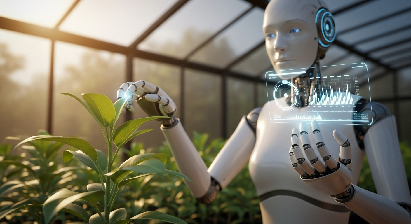 先进的人形机器人在高科技温室中照料植物，象征着AI技术已深入物理世界，与自然和生产相结合。