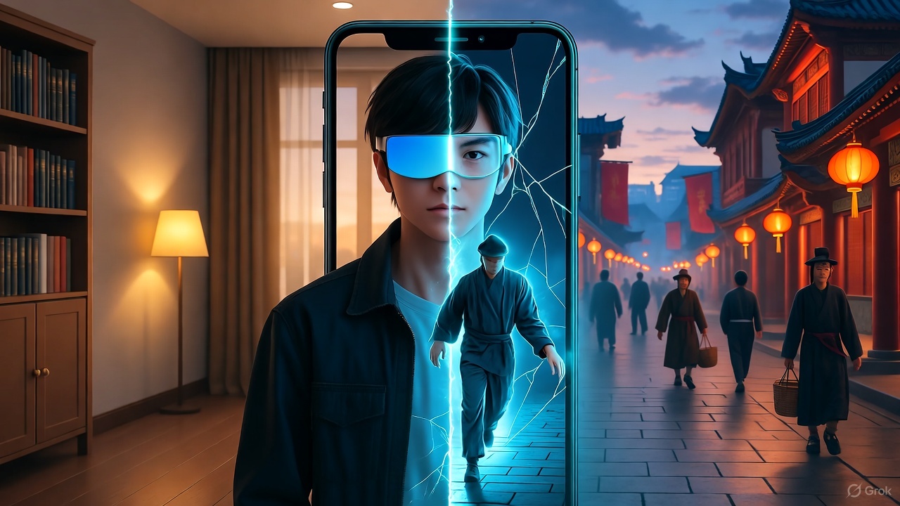 插图1: 观众通过AI眼镜穿越进入视频世界的科幻场景