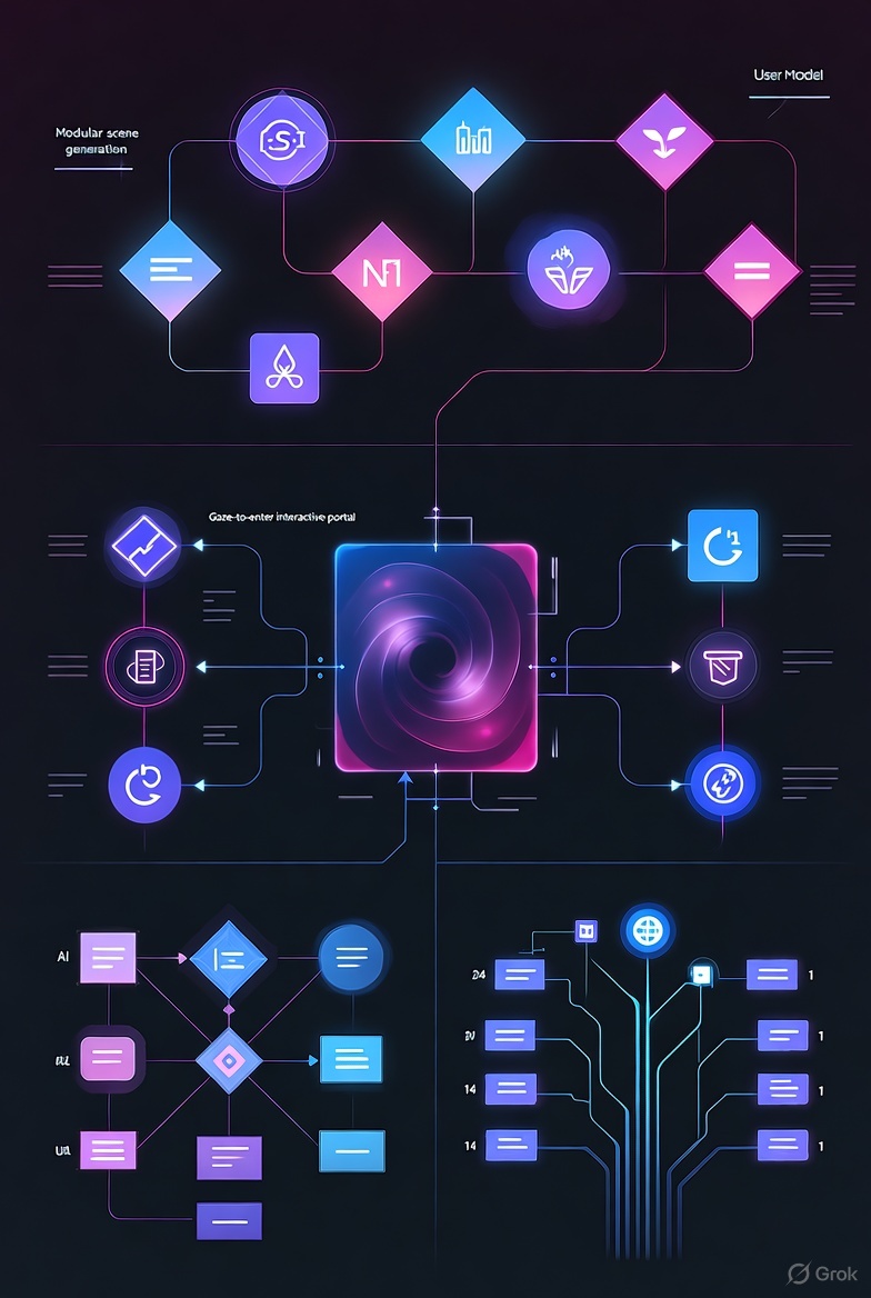插图2: 技术机制流程图，展示场景模块、穿越门、多人同步和分支图谱的抽象图示