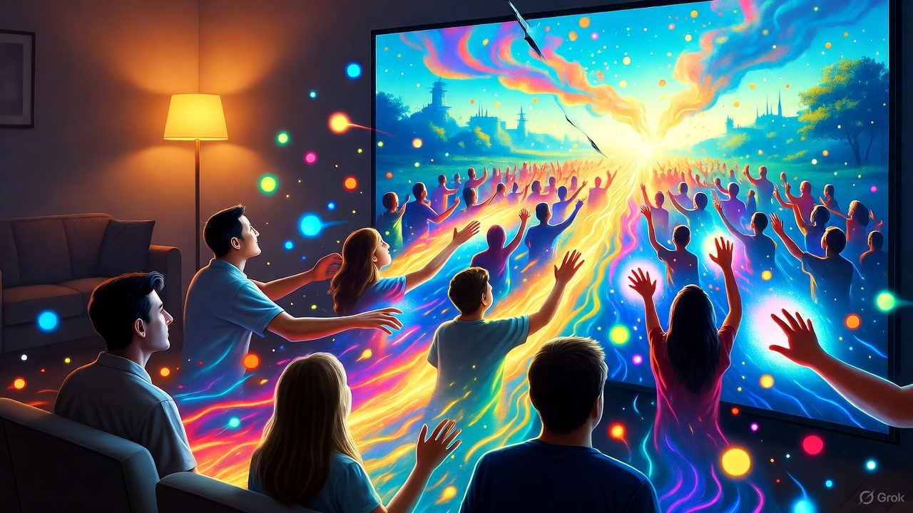 插图3: 观众从沙发上站起来融入屏幕中的人群，象征媒介革命与角色翻转