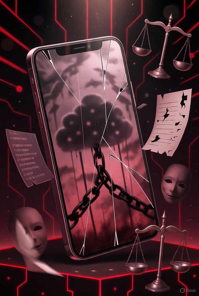 插图4A: 屏幕破碎中映出隐私、操控、法律等符号