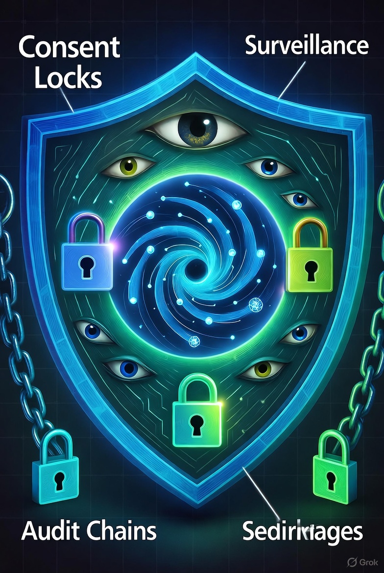 插图5: 治理盾牌概念图，层层防护墙包围互动宇宙，包含同意锁与审计链元素